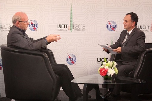 Mr Paul Budde, Indepedent Telecommunications Analyst, BuddeComm being interviewed by Maximillian Jacobson - Gonzalez, ITU in the ITU TV Studio WCIT 2012, Dubai, UAE.